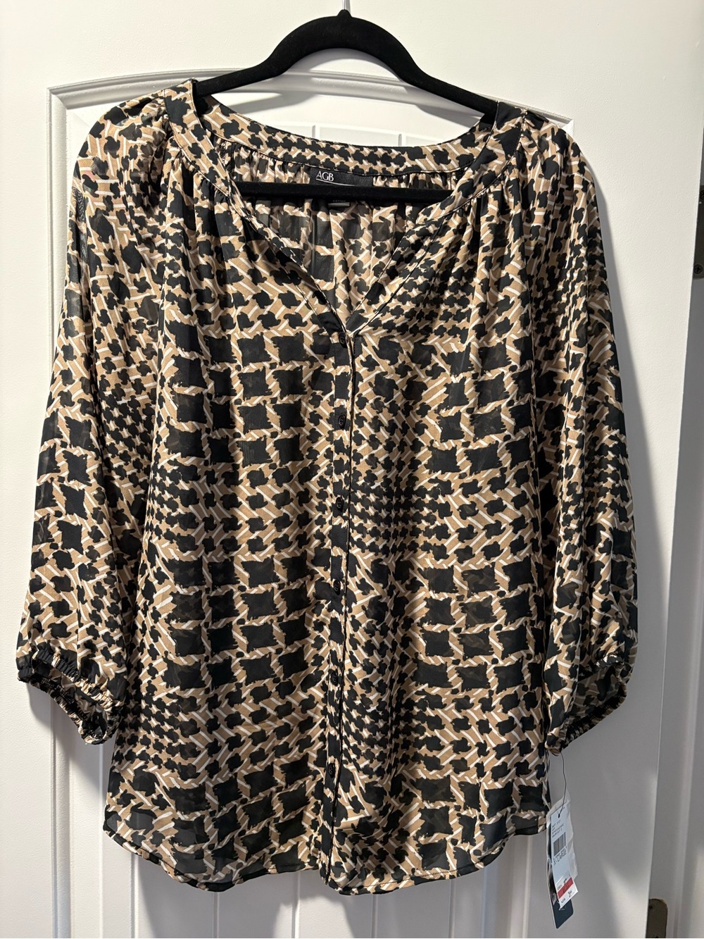 NWT AGB Animal Print Blouse Size XL, Sheer Polyester Career Casual Tan Black